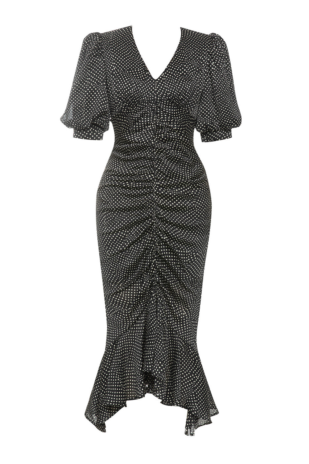 Black Bodycon V Neck Polka Dot Ruched Formal Dress with Puff Sleeves