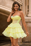 Yellow Strapless Corset A Line Beaded Cocktail Dress