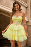 Yellow Strapless Corset A Line Beaded Cocktail Dress