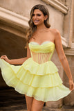 Yellow Strapless Corset A Line Beaded Cocktail Dress