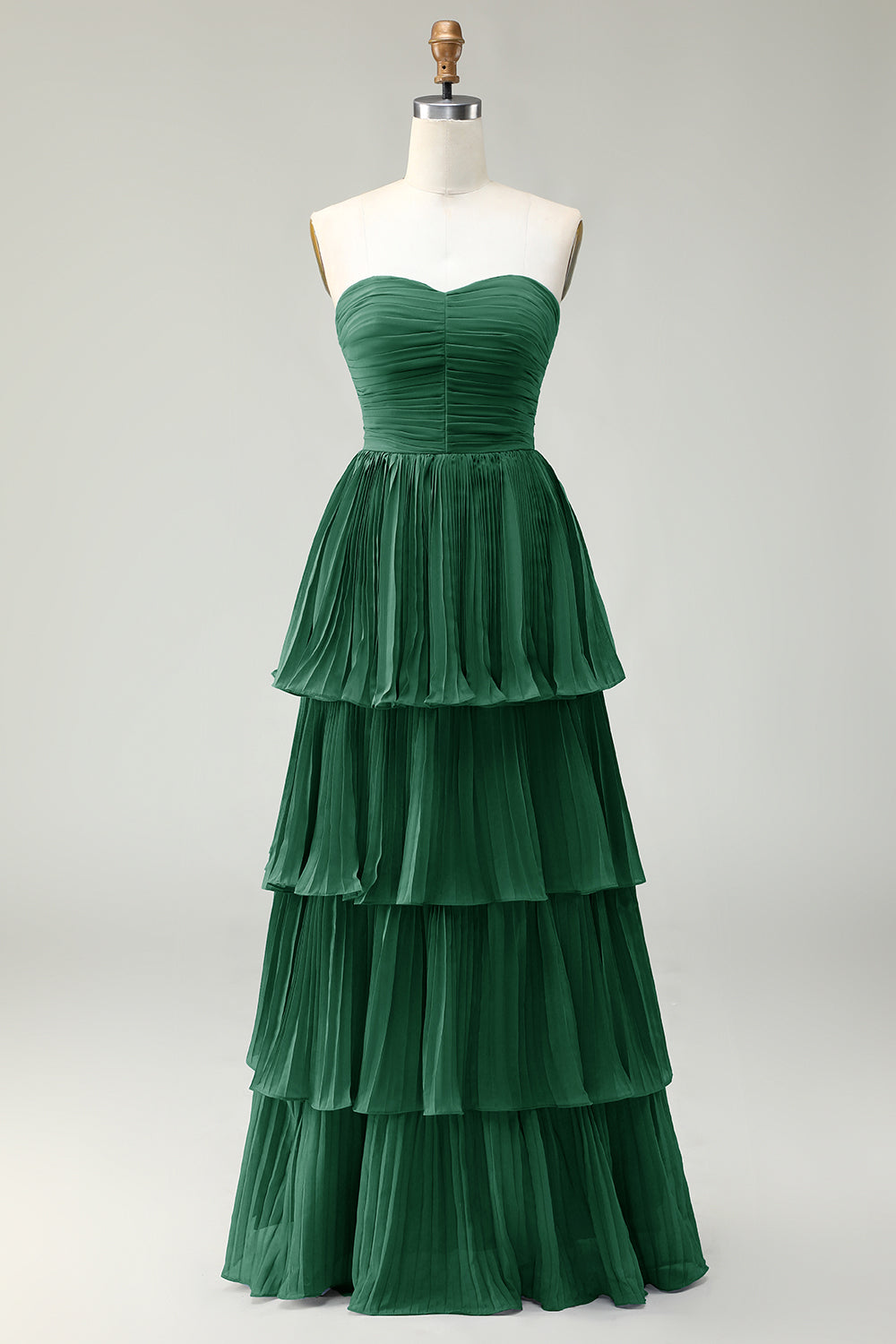 Blush Pink A-Line Strapless Pleated Tiered Long Bridesmaid Dress