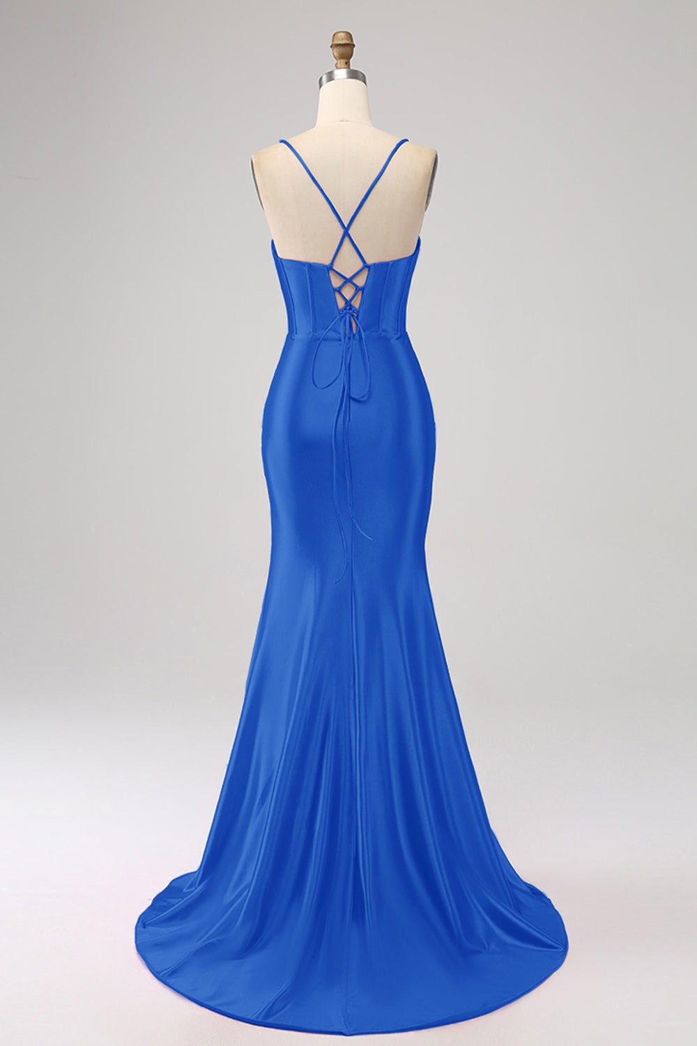 Stunning Mermaid Spaghetti Straps Royal Blue Corset Prom Dress with Split Front