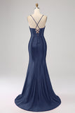 Stunning Mermaid Spaghetti Straps Fuchsia Corset Prom Dress with Split Front
