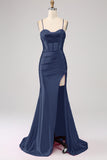 Stunning Mermaid Spaghetti Straps Fuchsia Corset Prom Dress with Split Front