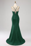 Stunning Mermaid Spaghetti Straps Fuchsia Corset Prom Dress with Split Front