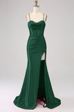 Stunning Mermaid Spaghetti Straps Fuchsia Corset Prom Dress with Split Front