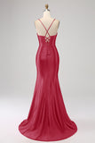 Stunning Mermaid Spaghetti Straps Fuchsia Corset Prom Dress with Split Front