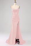 Stunning Mermaid Spaghetti Straps Fuchsia Corset Prom Dress with Split Front