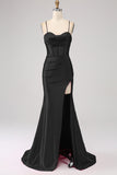 Stunning Mermaid Spaghetti Straps Fuchsia Corset Prom Dress with Split Front