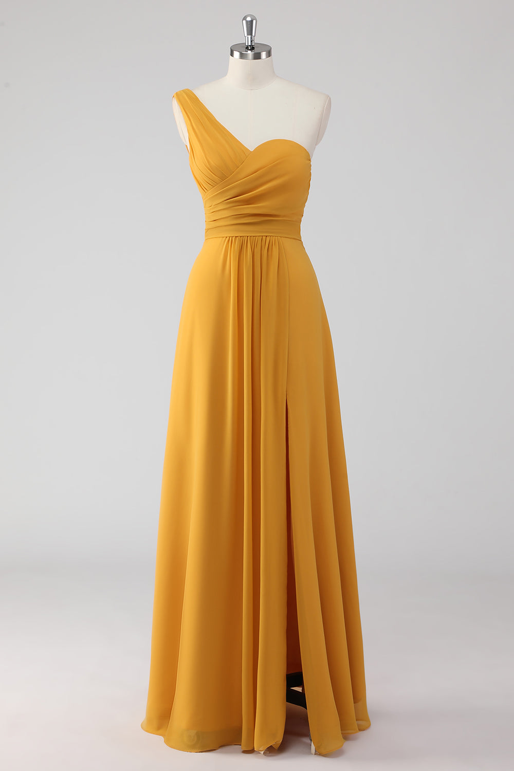 Yellow One Shoulder Ruched Long Bridesmaid Dress with Slit