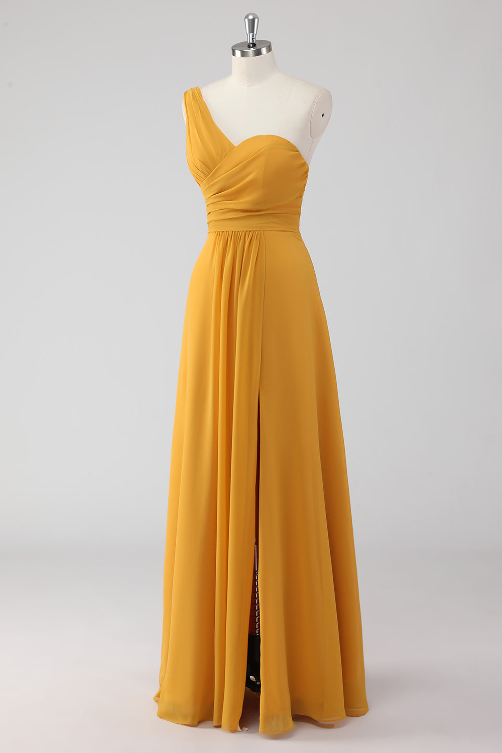 Yellow One Shoulder Ruched Long Bridesmaid Dress with Slit
