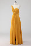 Yellow One Shoulder Ruched Long Bridesmaid Dress with Slit