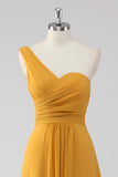 Yellow One Shoulder Ruched Long Bridesmaid Dress with Slit