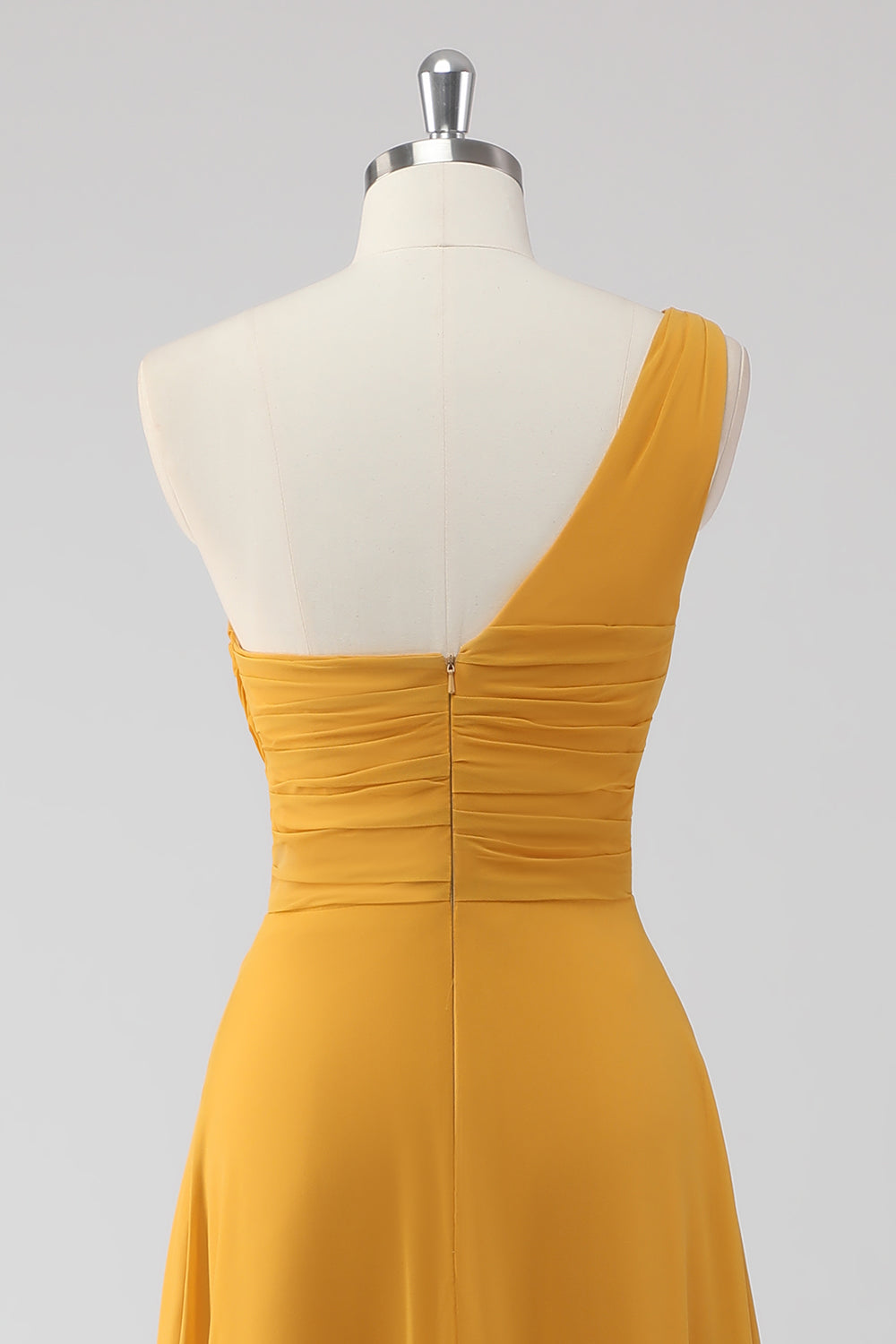 Yellow One Shoulder Ruched Long Bridesmaid Dress with Slit