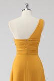 Yellow One Shoulder Ruched Long Bridesmaid Dress with Slit
