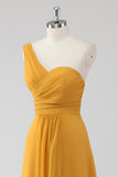 Yellow One Shoulder Ruched Long Bridesmaid Dress with Slit