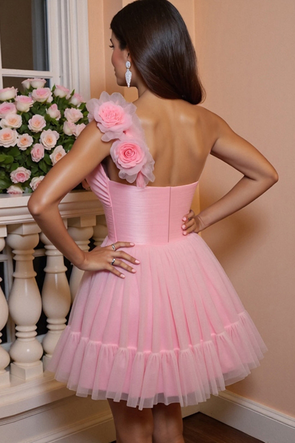 One Shoulder Pink A Line Tulle Cocktail Dress with 3D Flowers