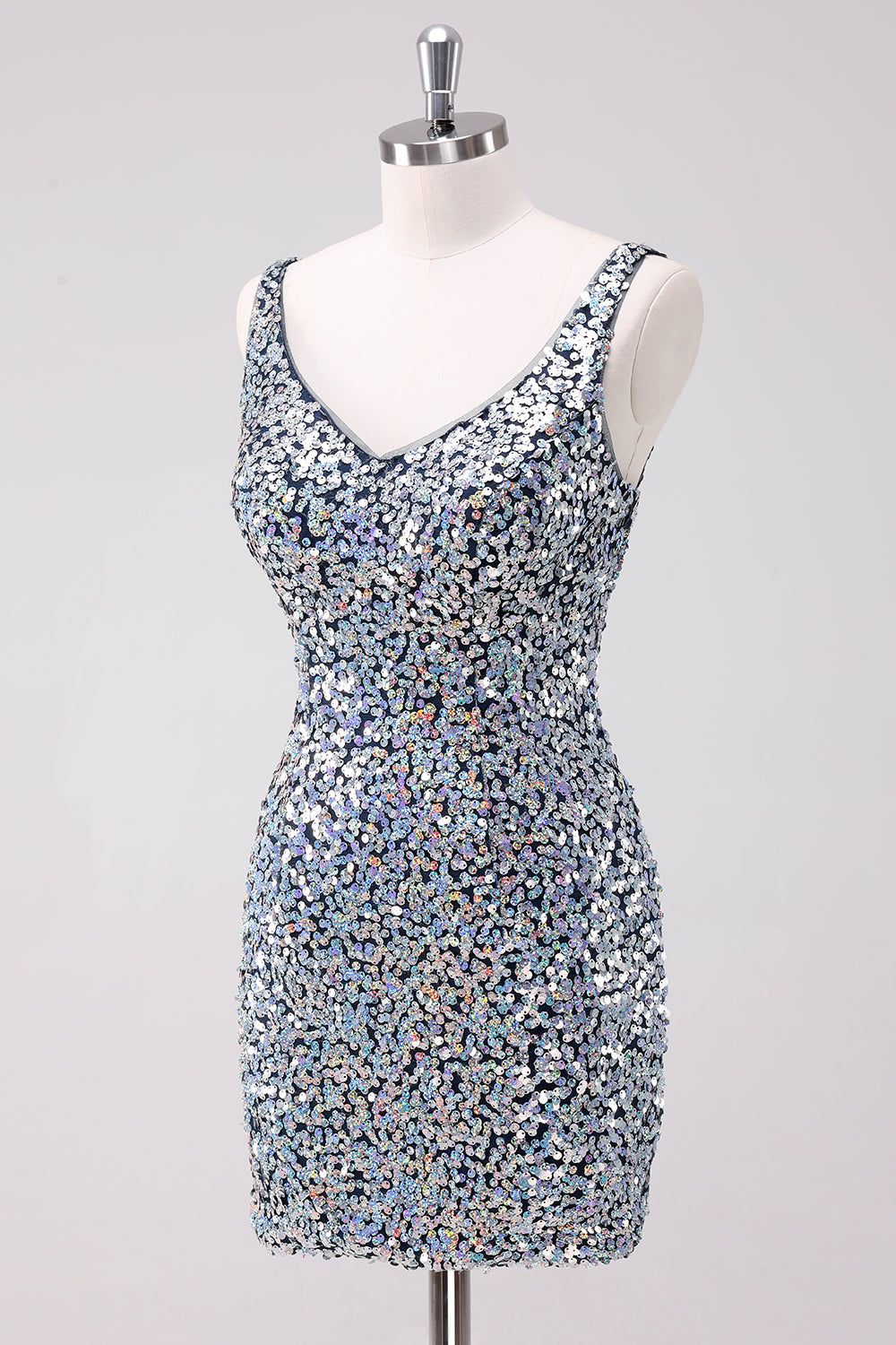Sparkly Silver Bodycon V-Neck Short Homecoming Dress with Sequins
