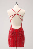 Sparkly Red Spaghetti Straps Sequin Short Tight Homecoming Dress