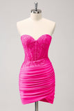 Fuchsia Sweetheart Corset Tight Cocktail Dress with Beading