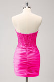 Fuchsia Sweetheart Corset Tight Cocktail Dress with Beading