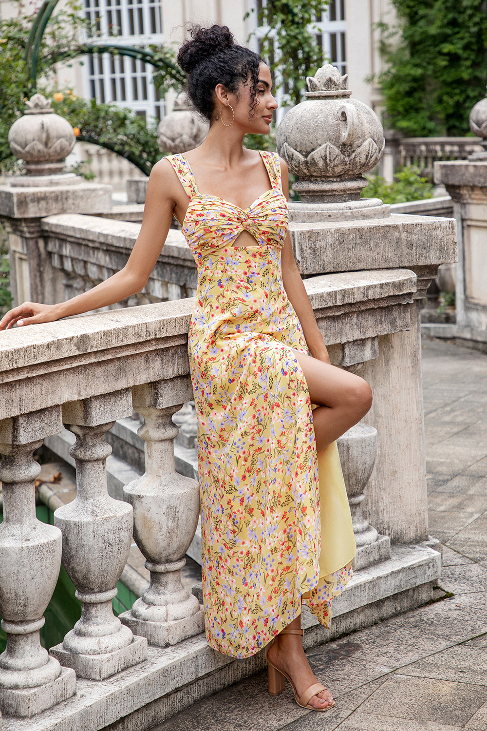 Yellow Flower A Line Print Holloe Out Corset Wedding Guest Dress with Slit