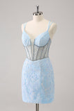 Sparkly Royal Blue Spaghetti Straps Corset Tight Homecoming Dress with Sequins