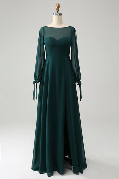 long sleeve dark green bridesmaid dresses Zapaka Women Dark Green Bridesmaid Dress with Slit A-Line Bateau Neck  Chiffon Wedding Party Dress with Long Sleeves – Zapaka CA