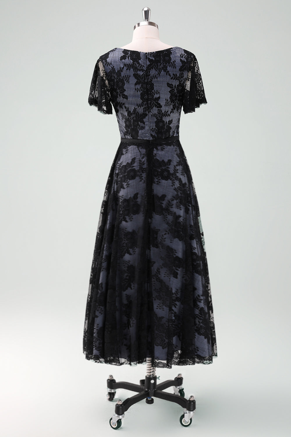 Black V-neck Short Sleeves Lace A-Line Mother of Bride Dress