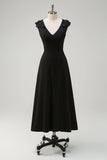 Black A-Line V-Neck Long Bridesmaid Dress with Applique Sequins