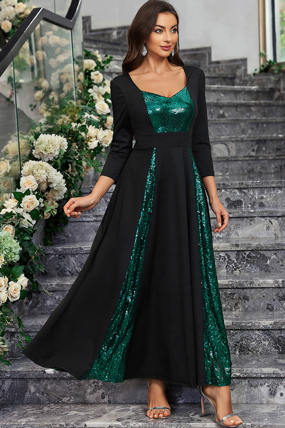 Sparkly Black Green Sequined A Line Prom Dress With Long Sleeves