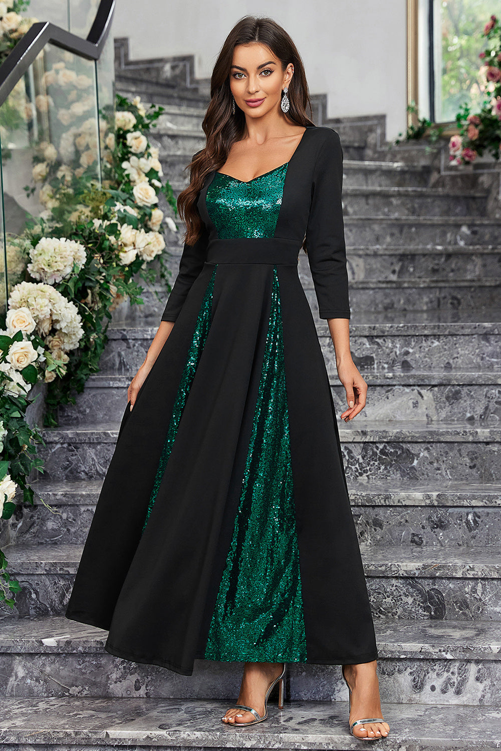 Sparkly Black Green Sequined A Line Prom Dress With Long Sleeves