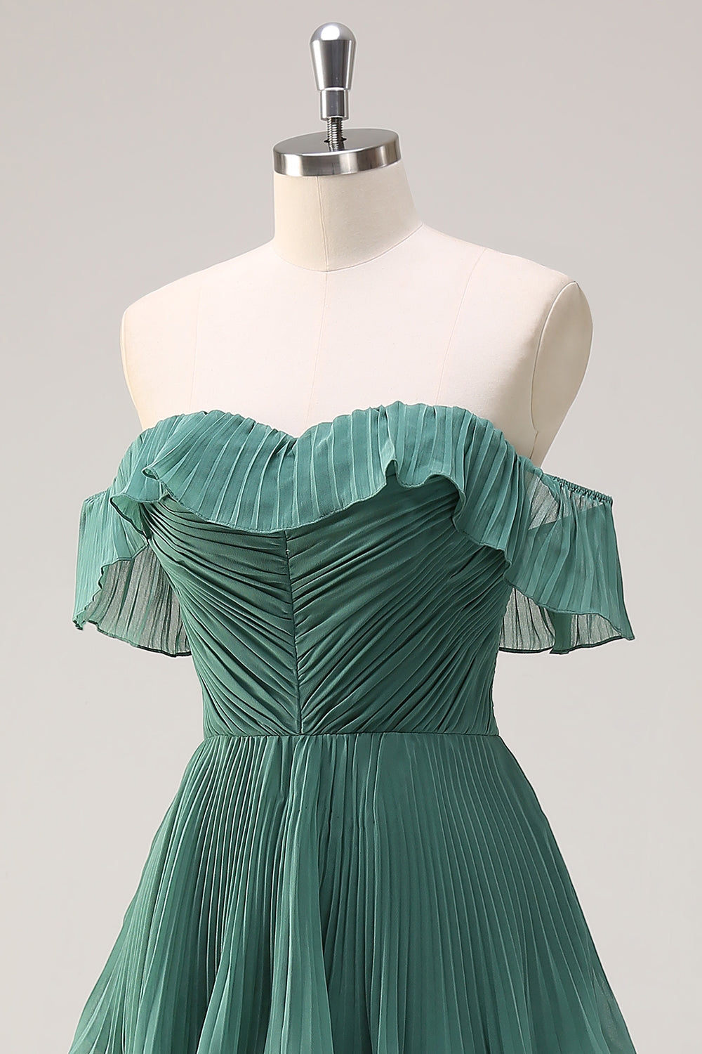 Eucalyptus A Line Off the Shoulder Tiered  Pleated Long Bridesmaid Dress with Slit