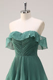 Eucalyptus A Line Off the Shoulder Tiered  Pleated Long Bridesmaid Dress with Slit