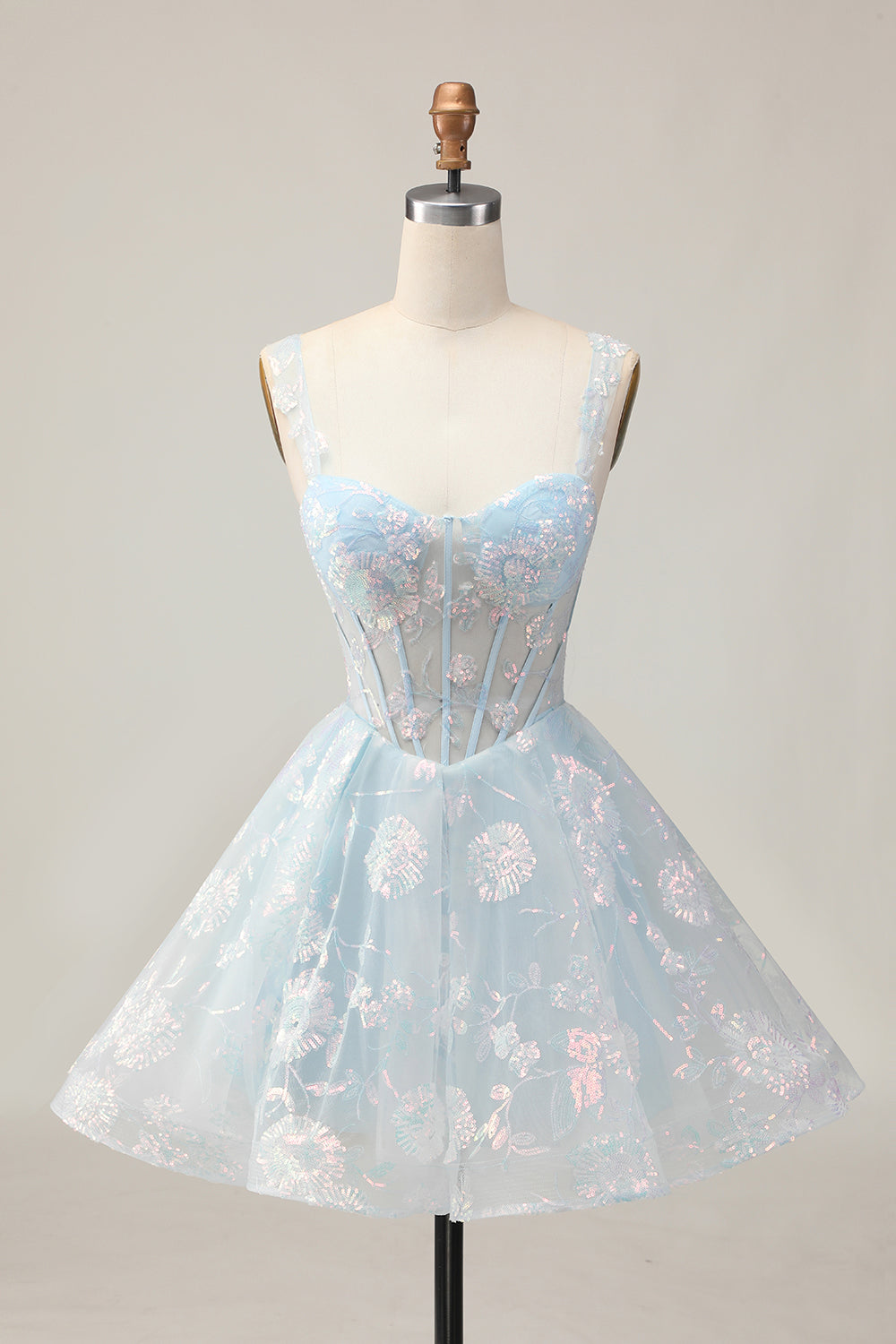Sparkly Light Blue A Line Spaghetti Straps Corset Short Prom Dress