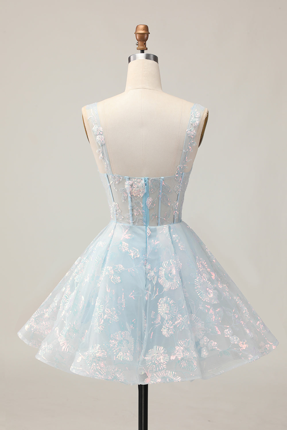Sparkly Light Blue A Line Spaghetti Straps Corset Short Prom Dress