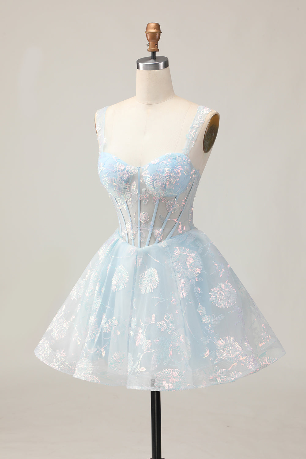 Sparkly Light Blue A Line Spaghetti Straps Corset Short Prom Dress