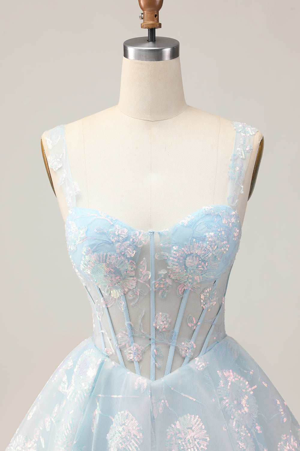 Sparkly Light Blue A Line Spaghetti Straps Corset Short Prom Dress