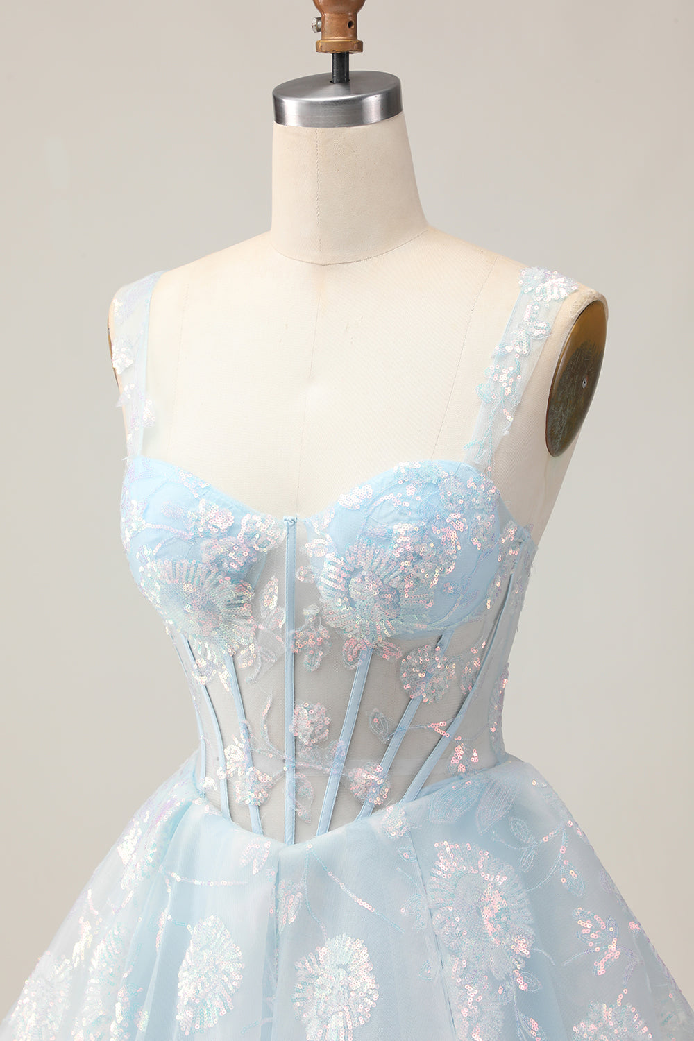 Sparkly Light Blue A Line Spaghetti Straps Corset Short Prom Dress