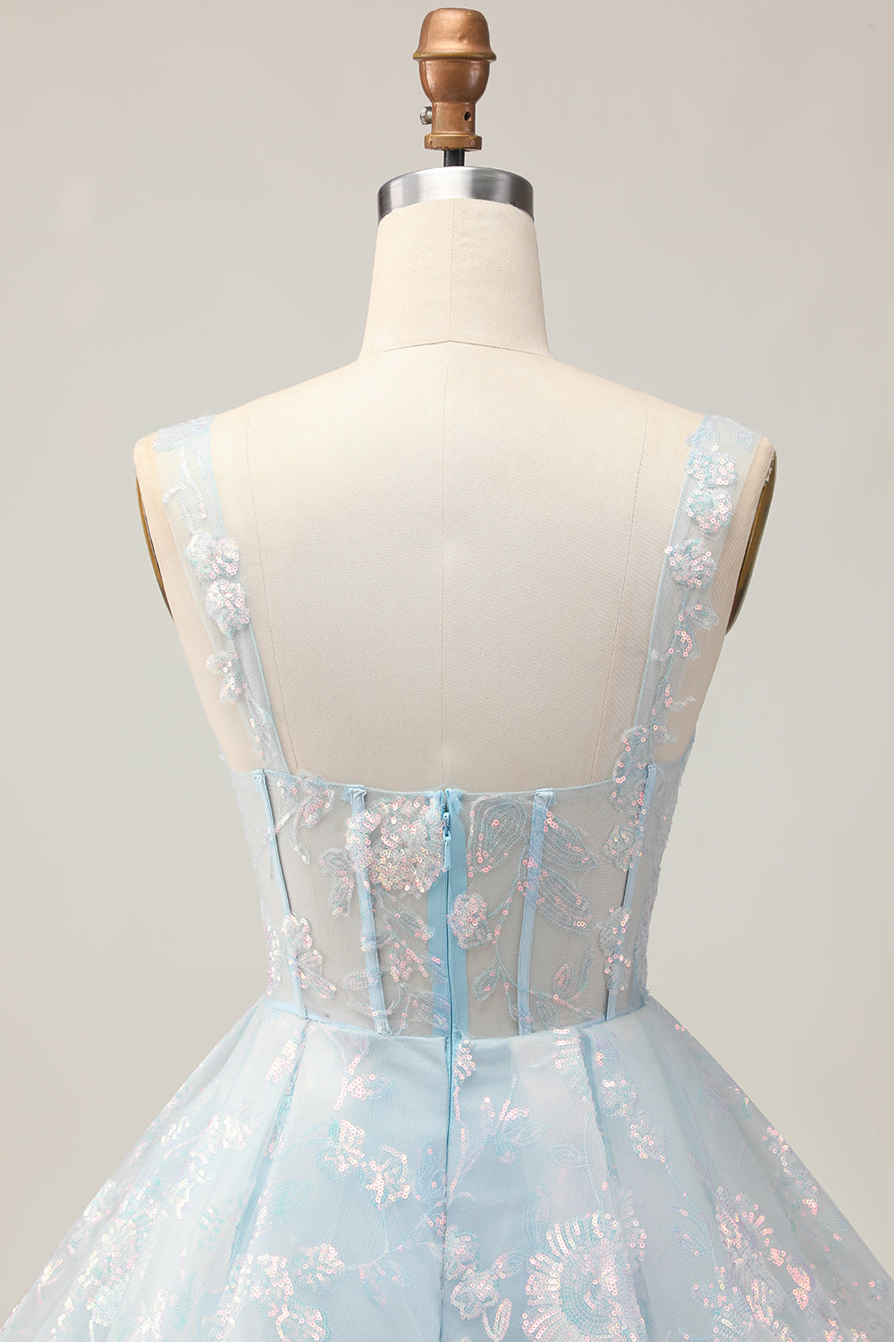 Sparkly Light Blue A Line Spaghetti Straps Corset Short Prom Dress