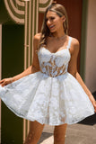 White A-Line Corset Short Floral Cocktail Dress with Sequins