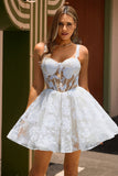 White A-Line Corset Short Floral Cocktail Dress with Sequins