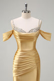 Sparkly Sage Mermaid Cold Shoulder Sequined Ruched Satin Long Prom Dress