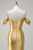Sparkly Sage Mermaid Cold Shoulder Sequined Ruched Satin Long Prom Dress