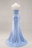 Sparkly Blue Mermaid Corset Satin Long Prom Dress with Slit
