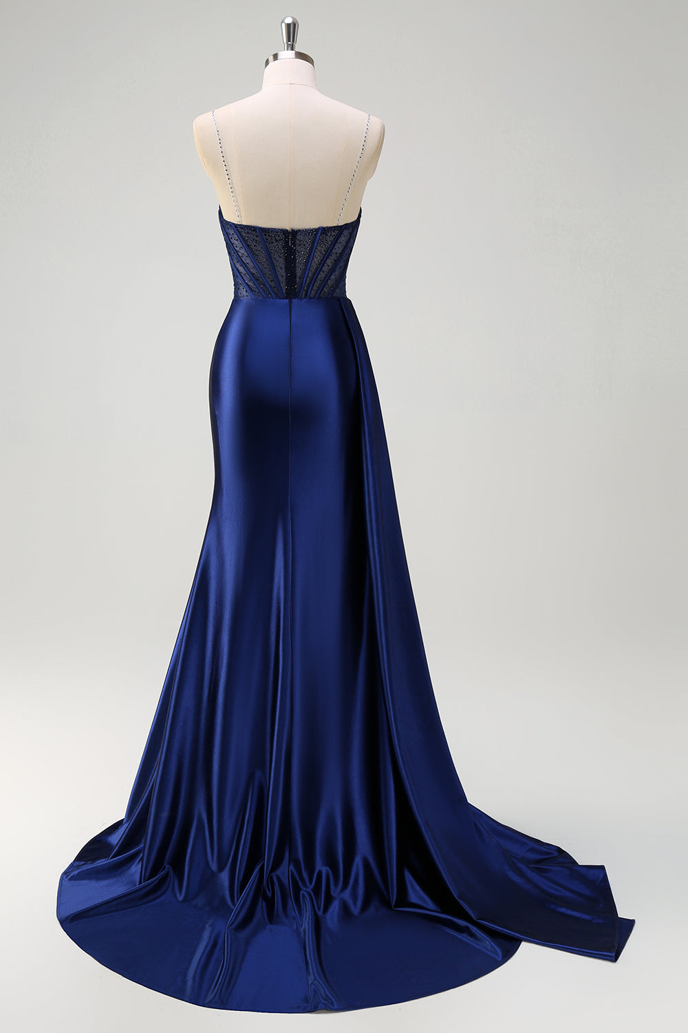 Dark Green Mermaid V-Neck Watteau Train Corset Beaded Prom Dress with Slit
