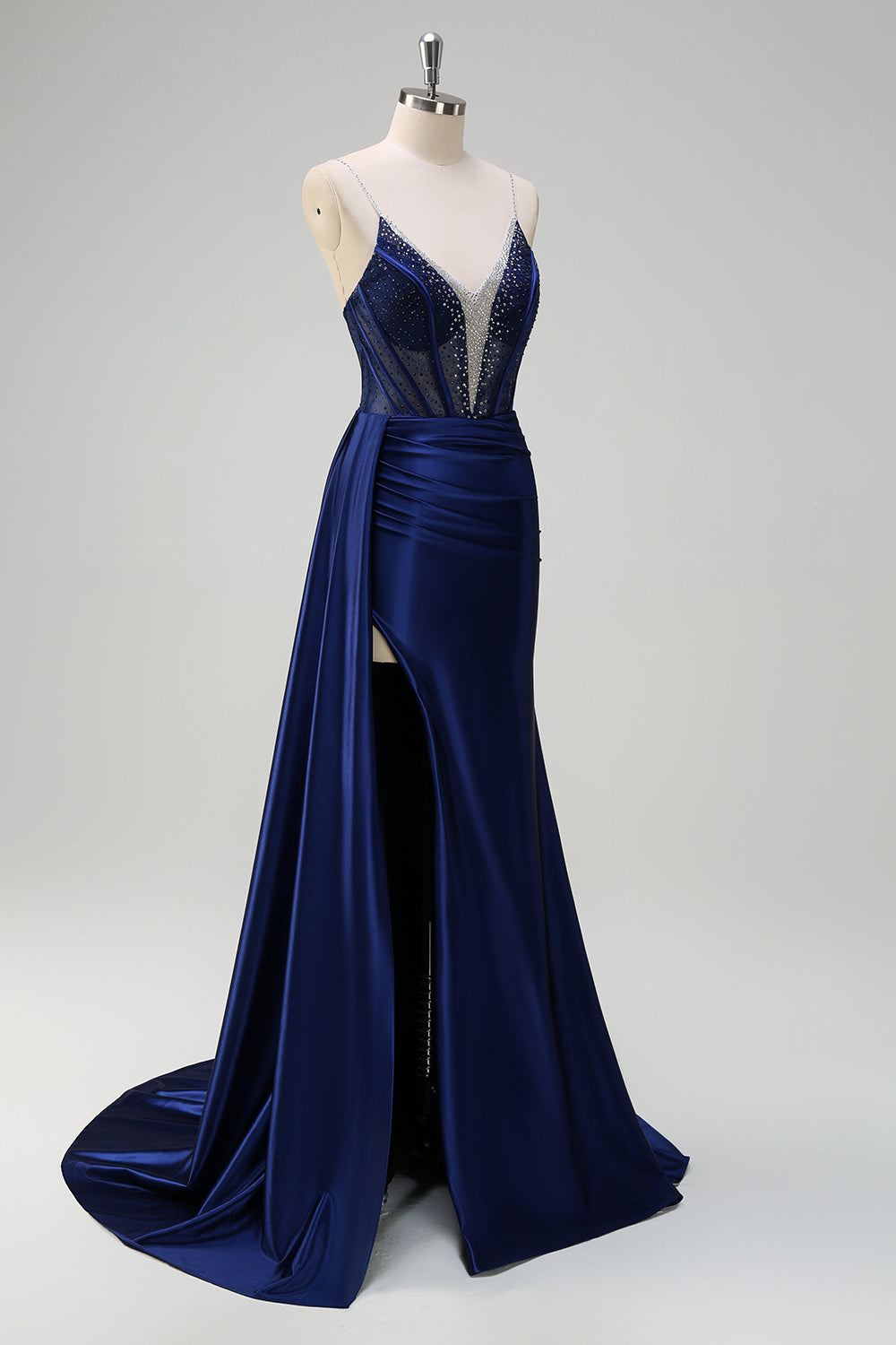 Dark Green Mermaid V-Neck Watteau Train Corset Beaded Prom Dress with Slit