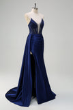 Dark Green Mermaid V-Neck Watteau Train Corset Beaded Prom Dress with Slit