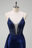 Dark Green Mermaid V-Neck Watteau Train Corset Beaded Prom Dress with Slit