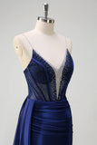 Dark Green Mermaid V-Neck Watteau Train Corset Beaded Prom Dress with Slit